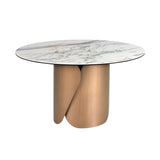 Round dining table with porcelain marble top and bronze-colored steel base