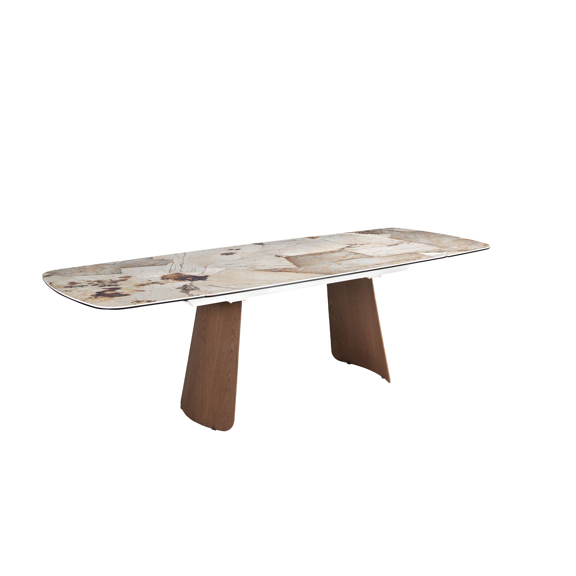 Oval extendable dining table with porcelain marble and walnut
