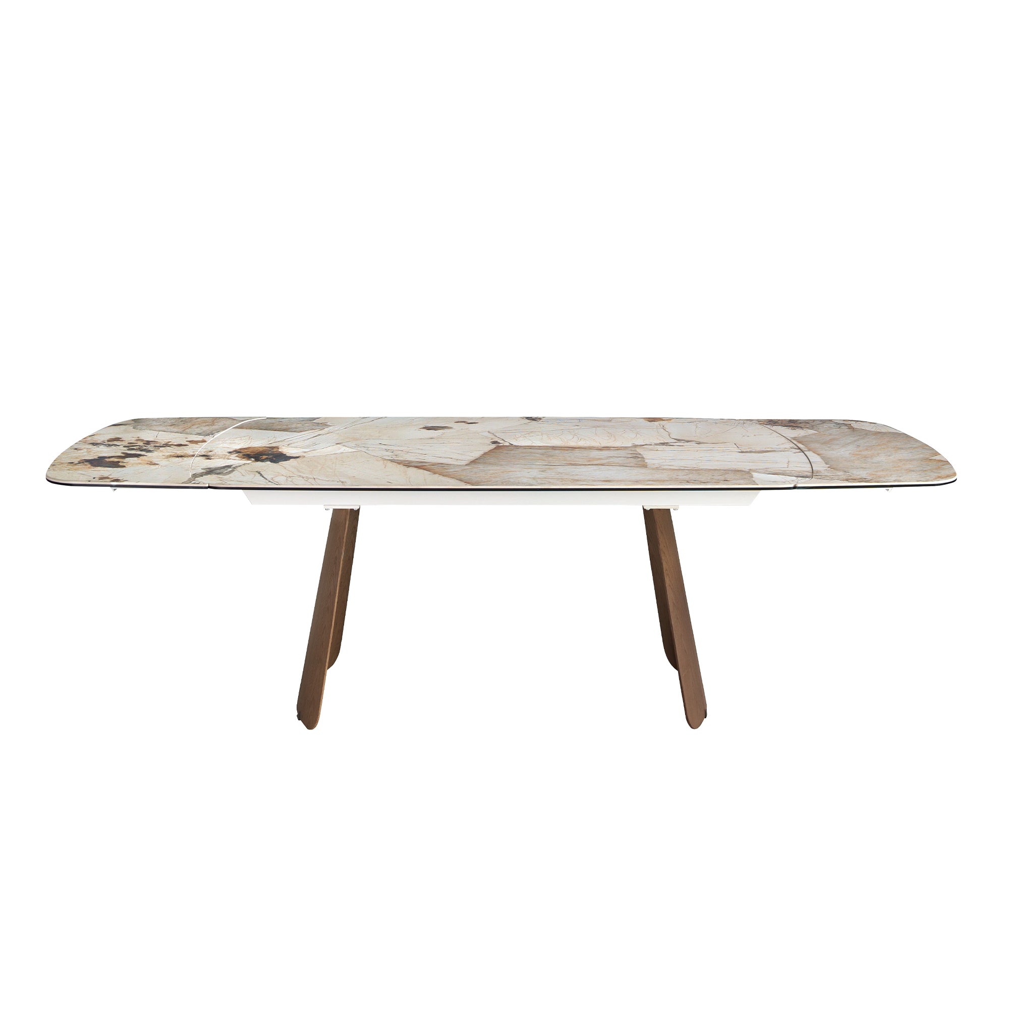Oval extendable dining table with porcelain marble and walnut