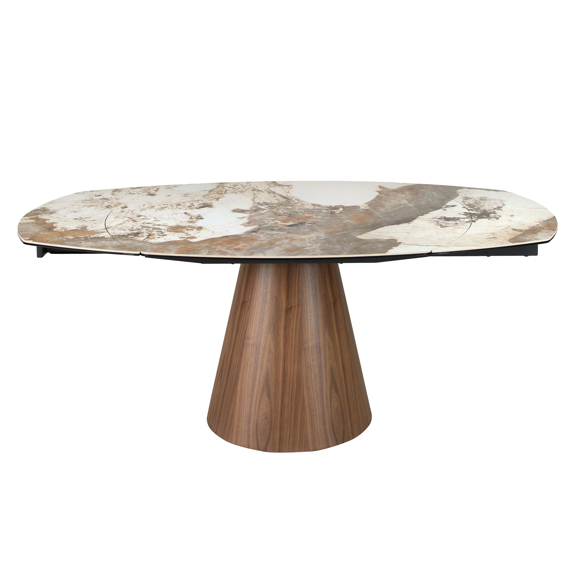 Oval barrel-shaped extendable dining table with porcelain marble top and walnut wood