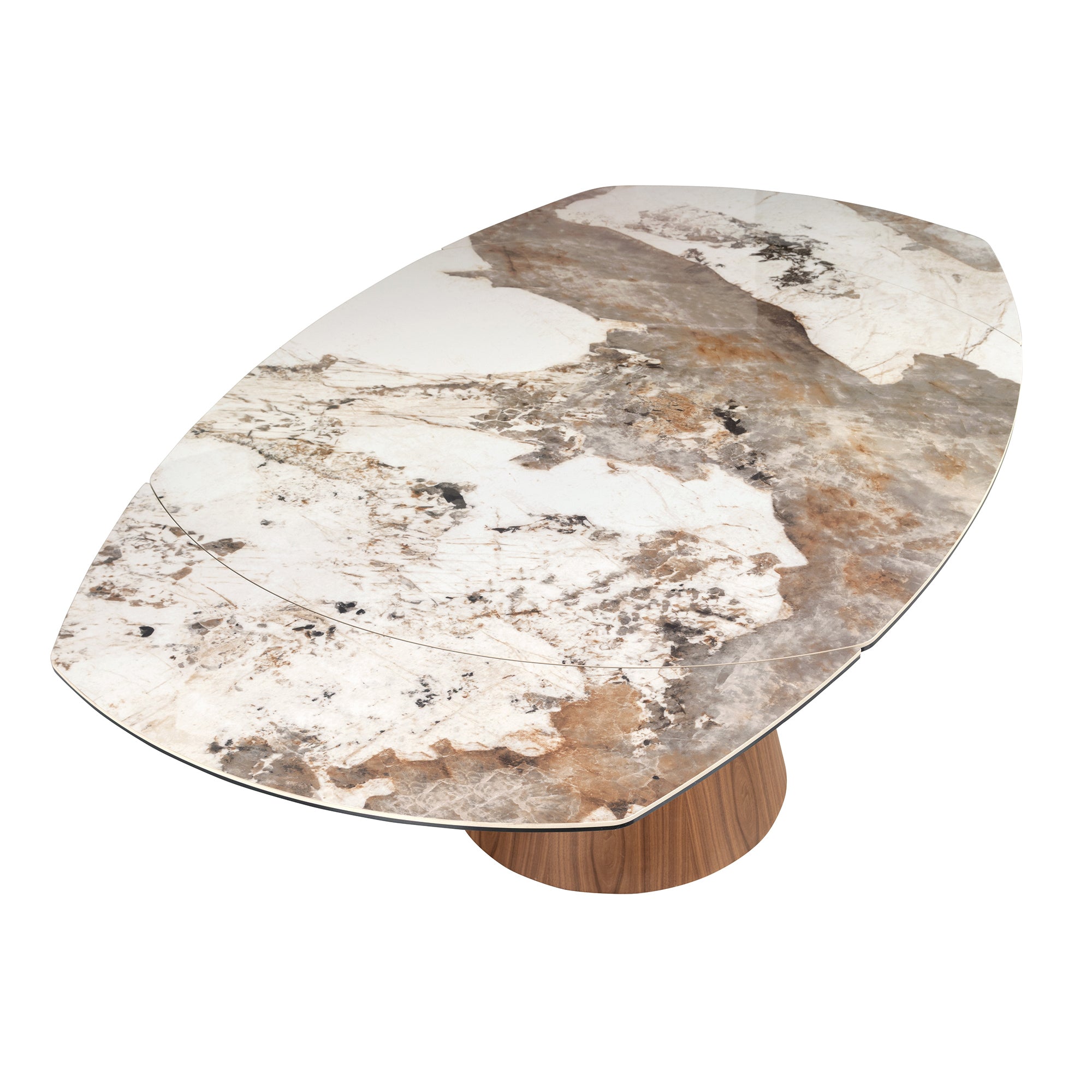 Oval barrel-shaped extendable dining table with porcelain marble top and walnut wood