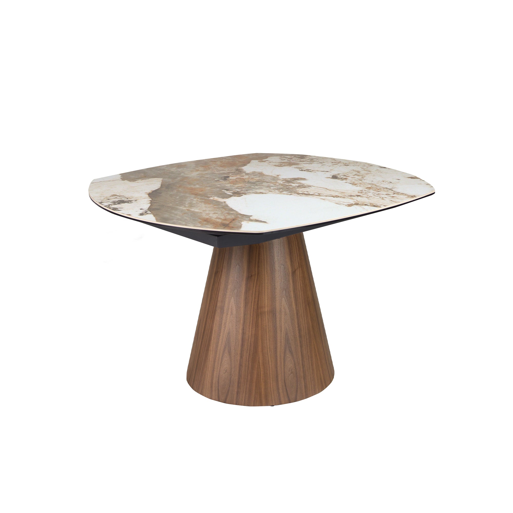 Oval barrel-shaped extendable dining table with porcelain marble top and walnut wood