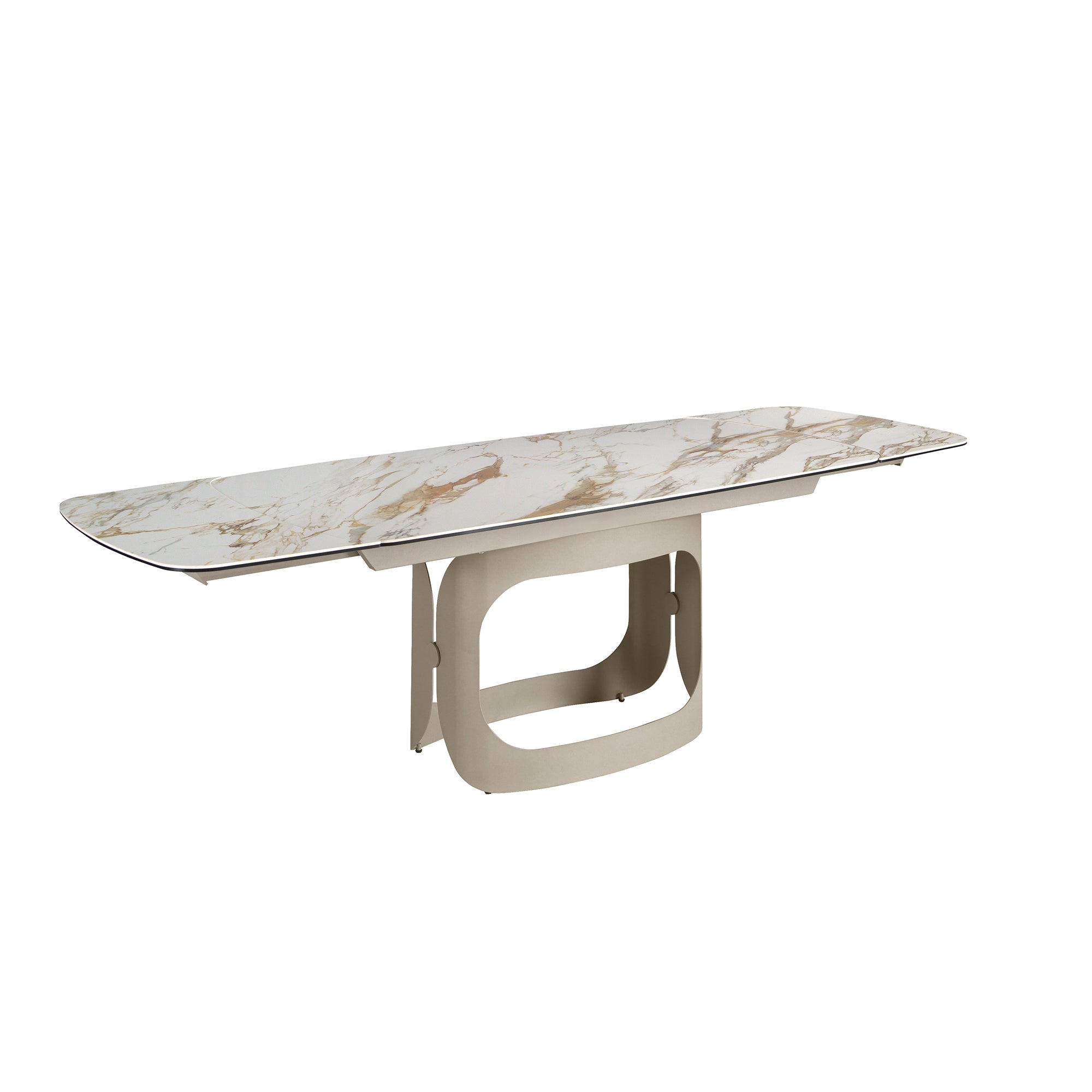 Oval extendable dining table with porcelain marble and metallic sand steel
