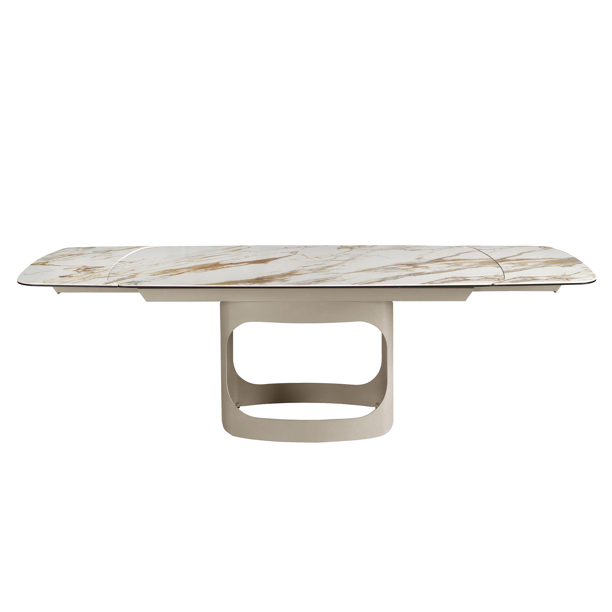 Oval extendable dining table with porcelain marble and metallic sand steel
