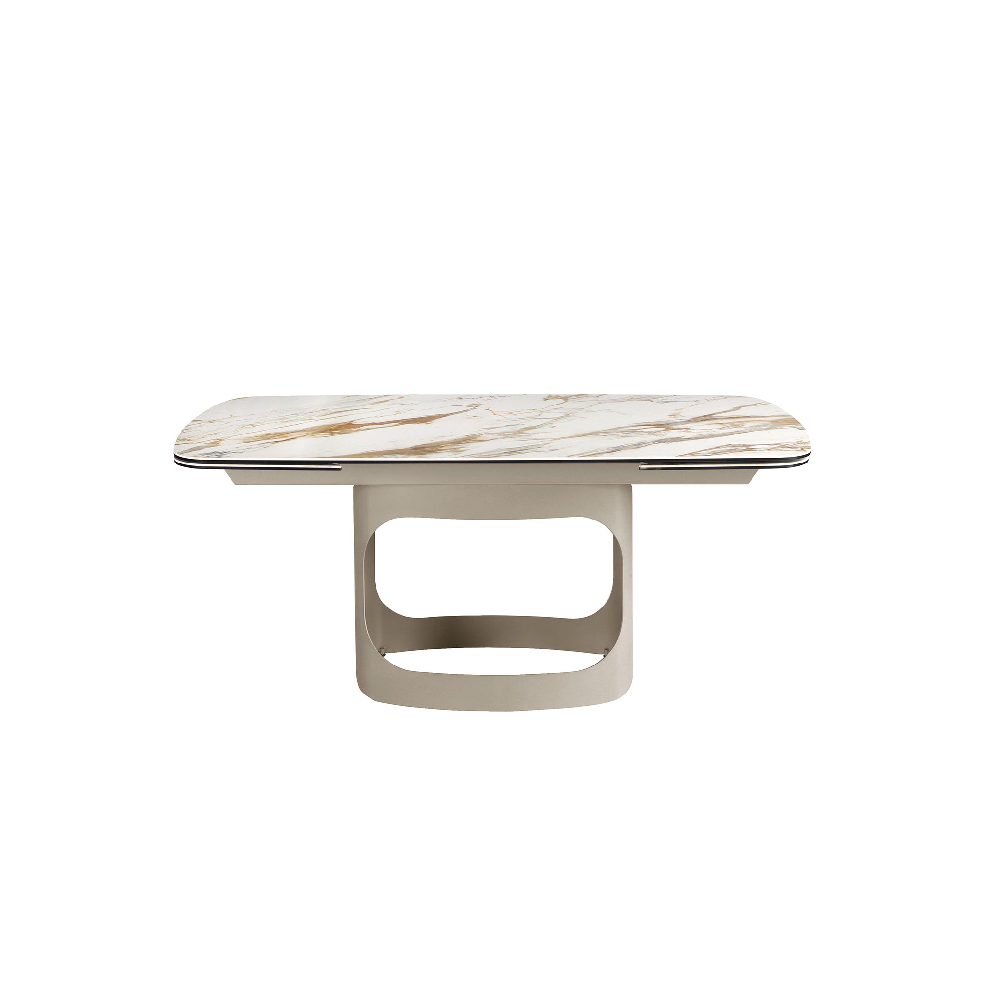 Oval extendable dining table with porcelain marble and metallic sand steel