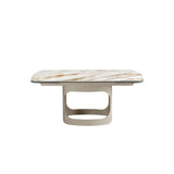 Oval extendable dining table with porcelain marble and metallic sand steel