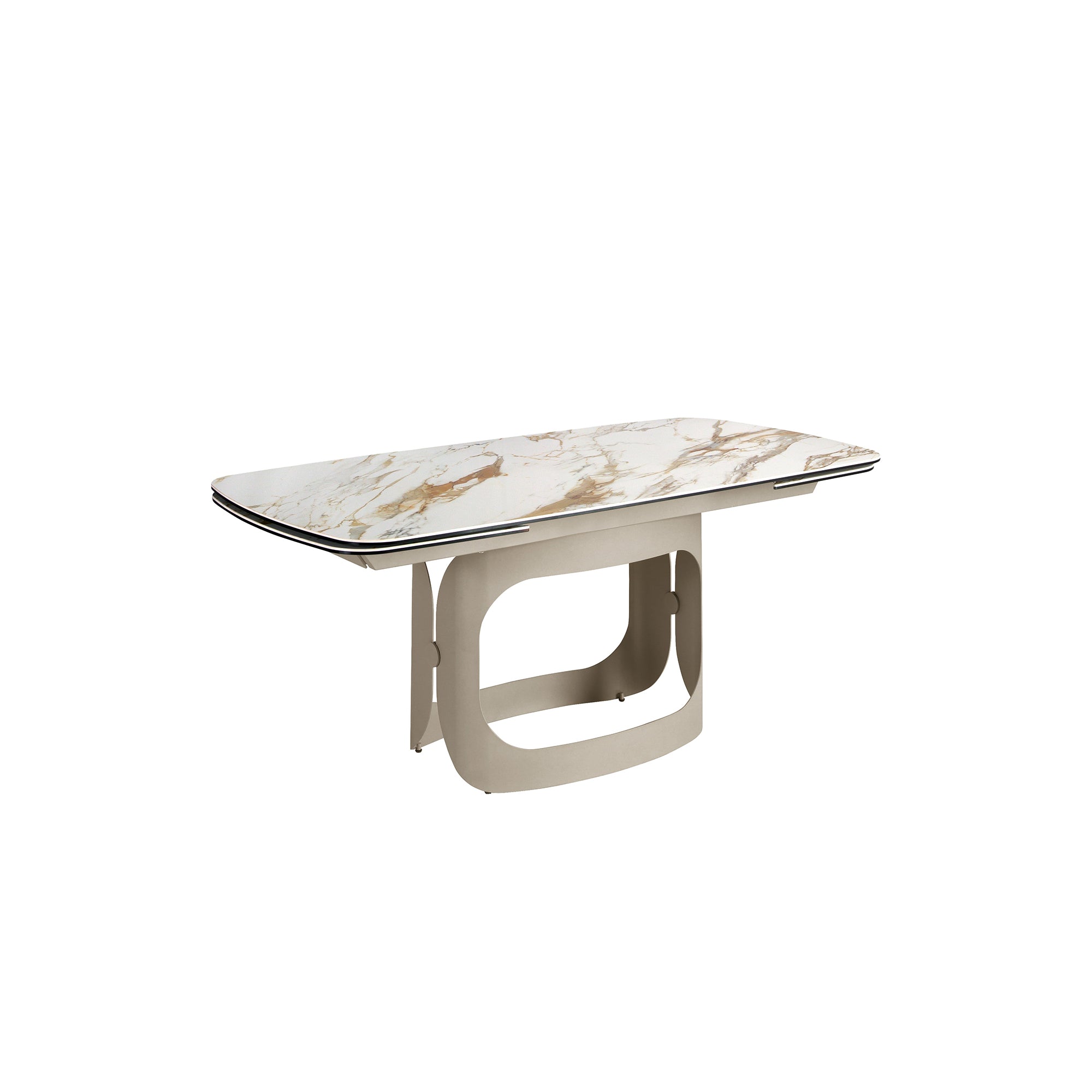 Oval extendable dining table with porcelain marble and metallic sand steel