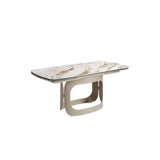 Oval extendable dining table with porcelain marble and metallic sand steel
