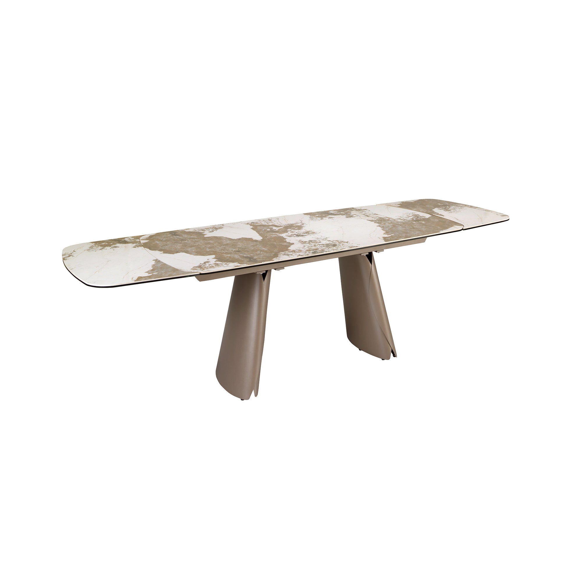 Extendable barrel-shaped oval dining table in porcelain marble and metallic taupe steel