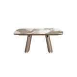 Extendable barrel-shaped oval dining table in porcelain marble and metallic taupe steel
