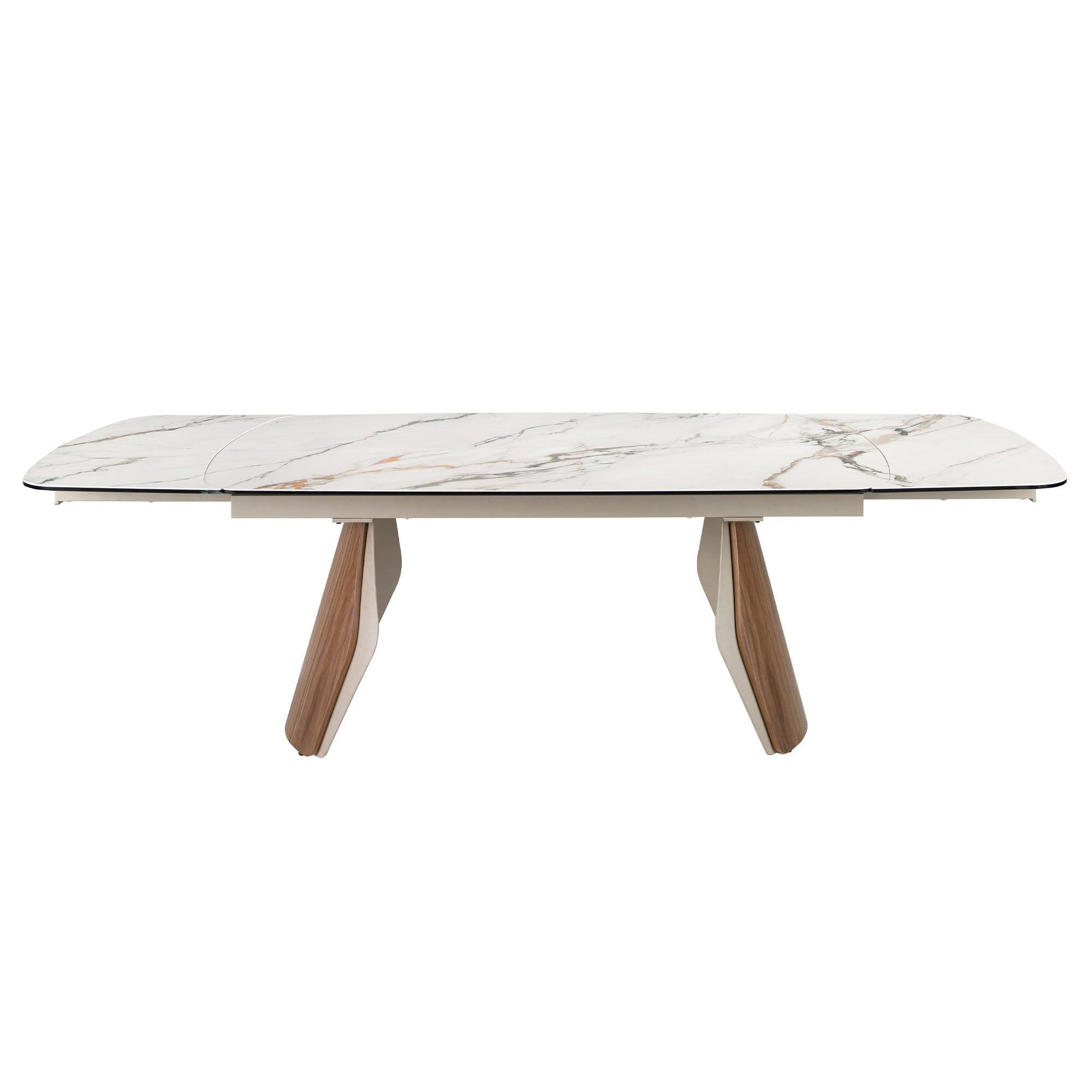 Oval barrel-shaped extendable dining table with porcelain marble top, metallic sand-coloured steel and walnut wood