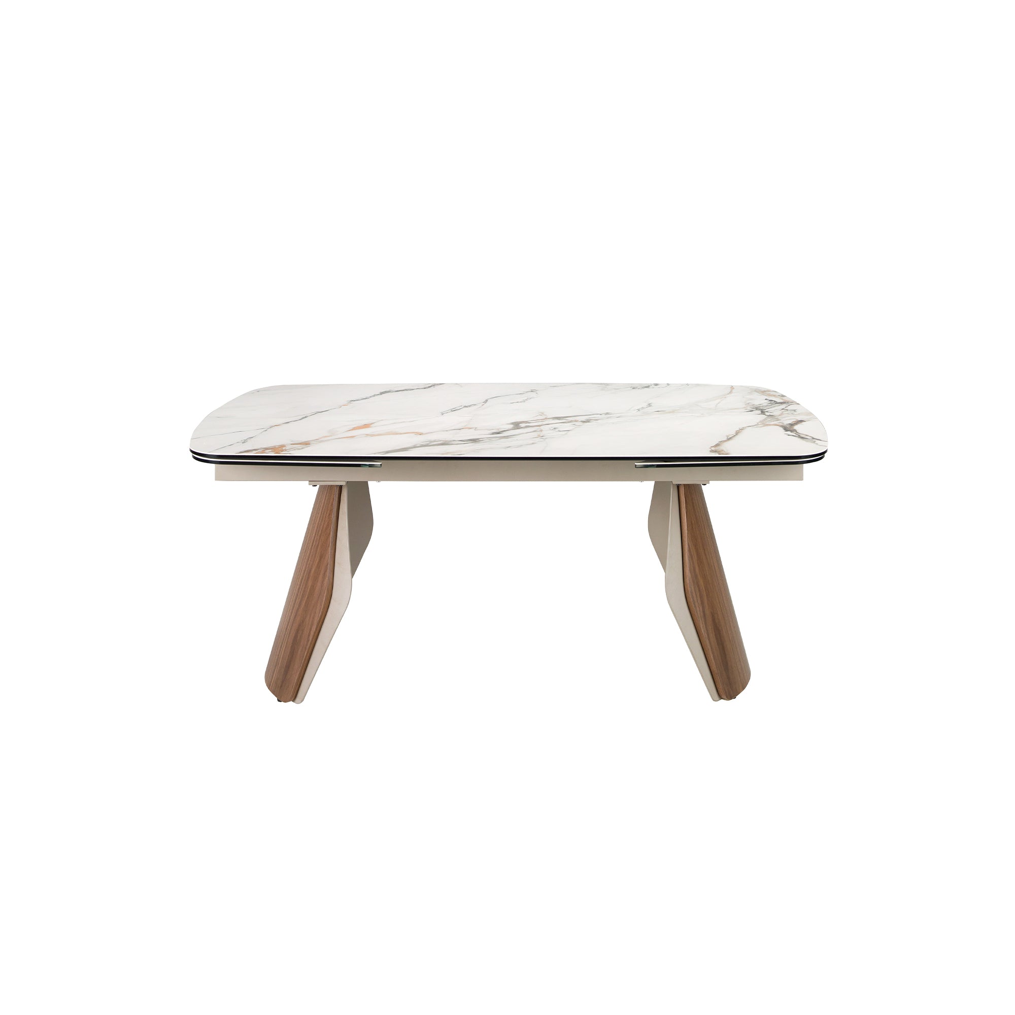 Oval barrel-shaped extendable dining table with porcelain marble top, metallic sand-coloured steel and walnut wood
