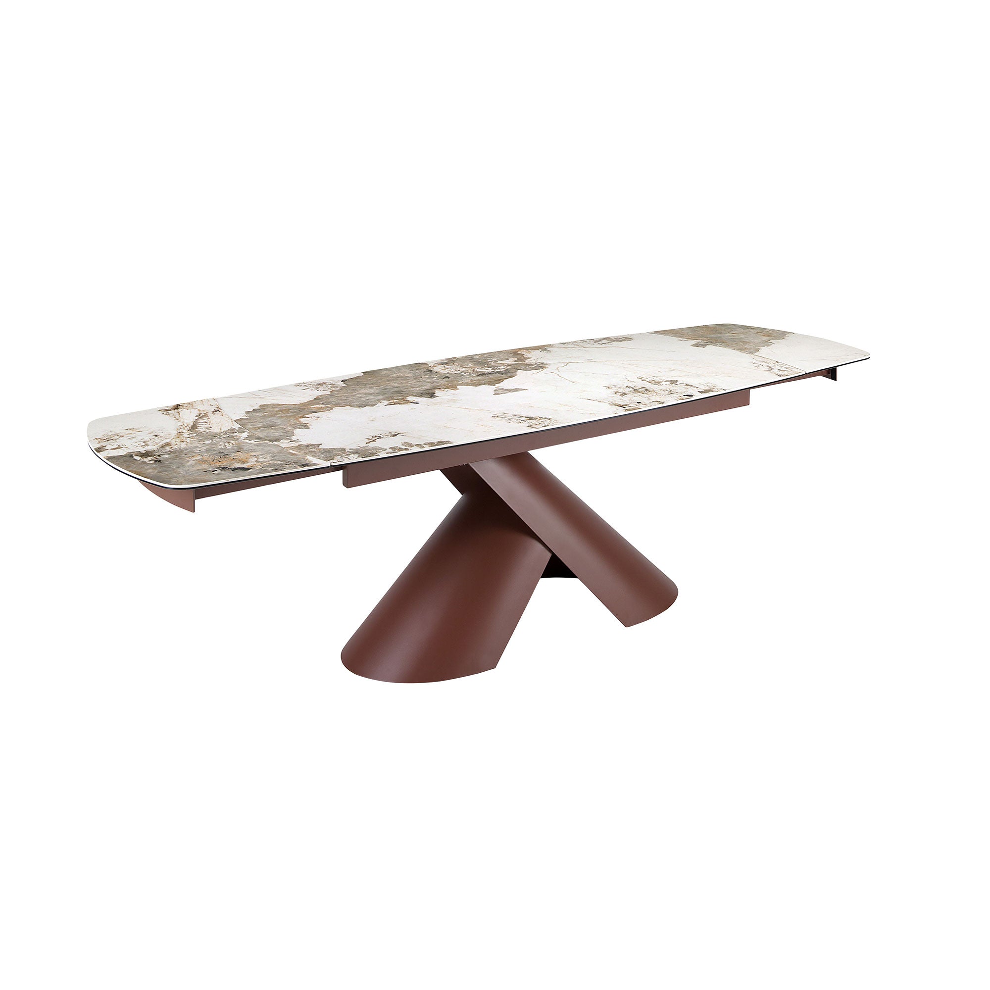 Extendable barrel oval dining table in porcelain marble and copper-brown steel