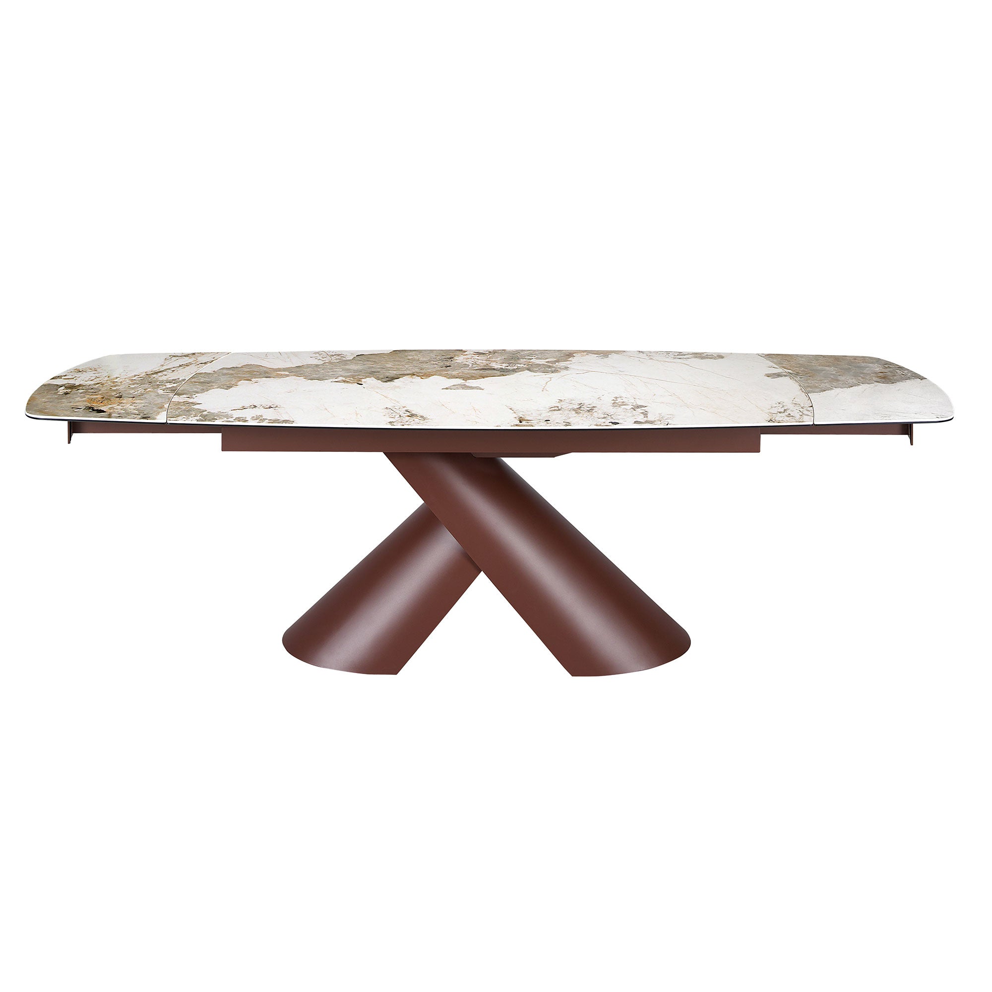Extendable barrel oval dining table in porcelain marble and copper-brown steel