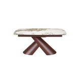 Extendable barrel oval dining table in porcelain marble and copper-brown steel
