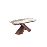 Extendable barrel oval dining table in porcelain marble and copper-brown steel