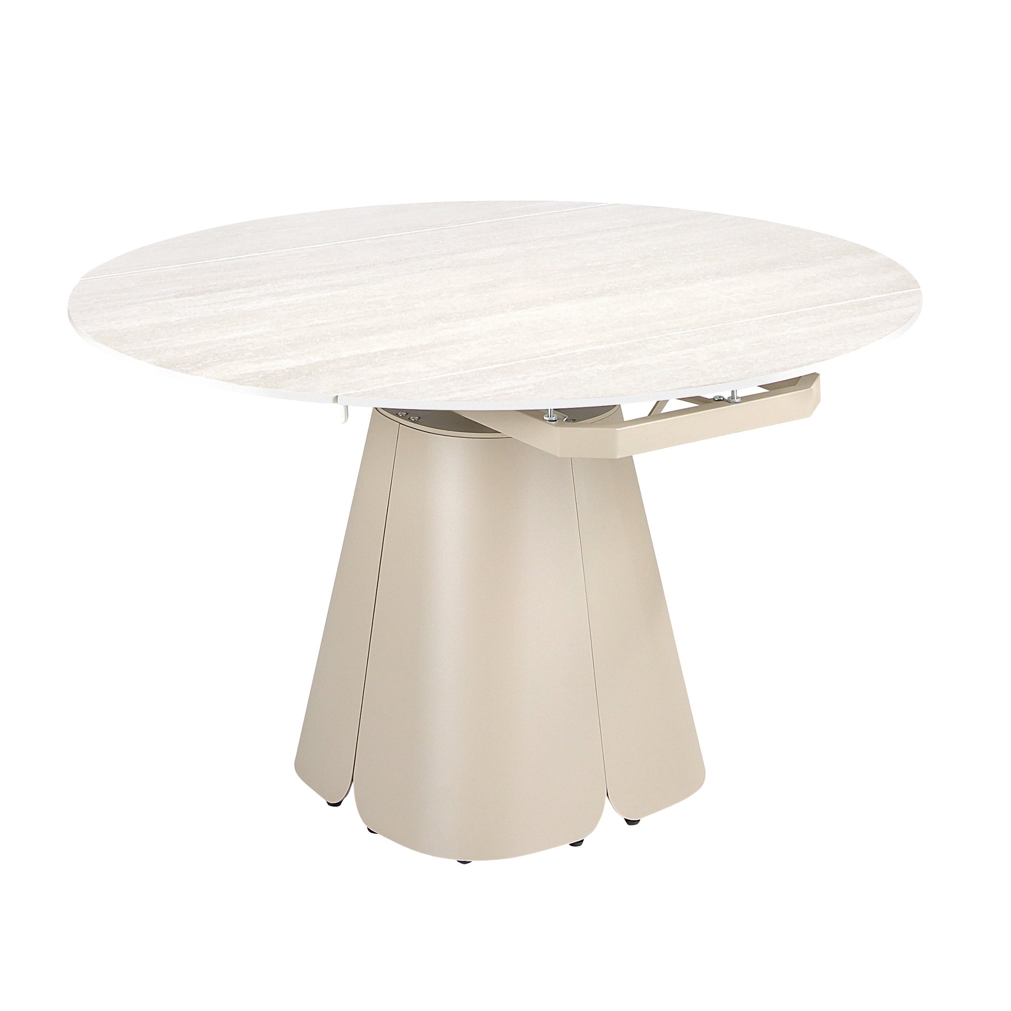 Extendable round dining table in porcelain marble and sand-coloured steel
