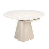 Extendable round dining table in porcelain marble and sand-coloured steel