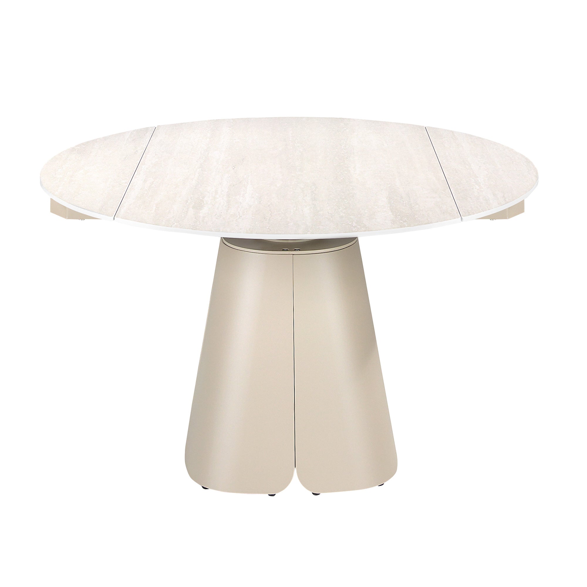 Extendable round dining table in porcelain marble and sand-coloured steel