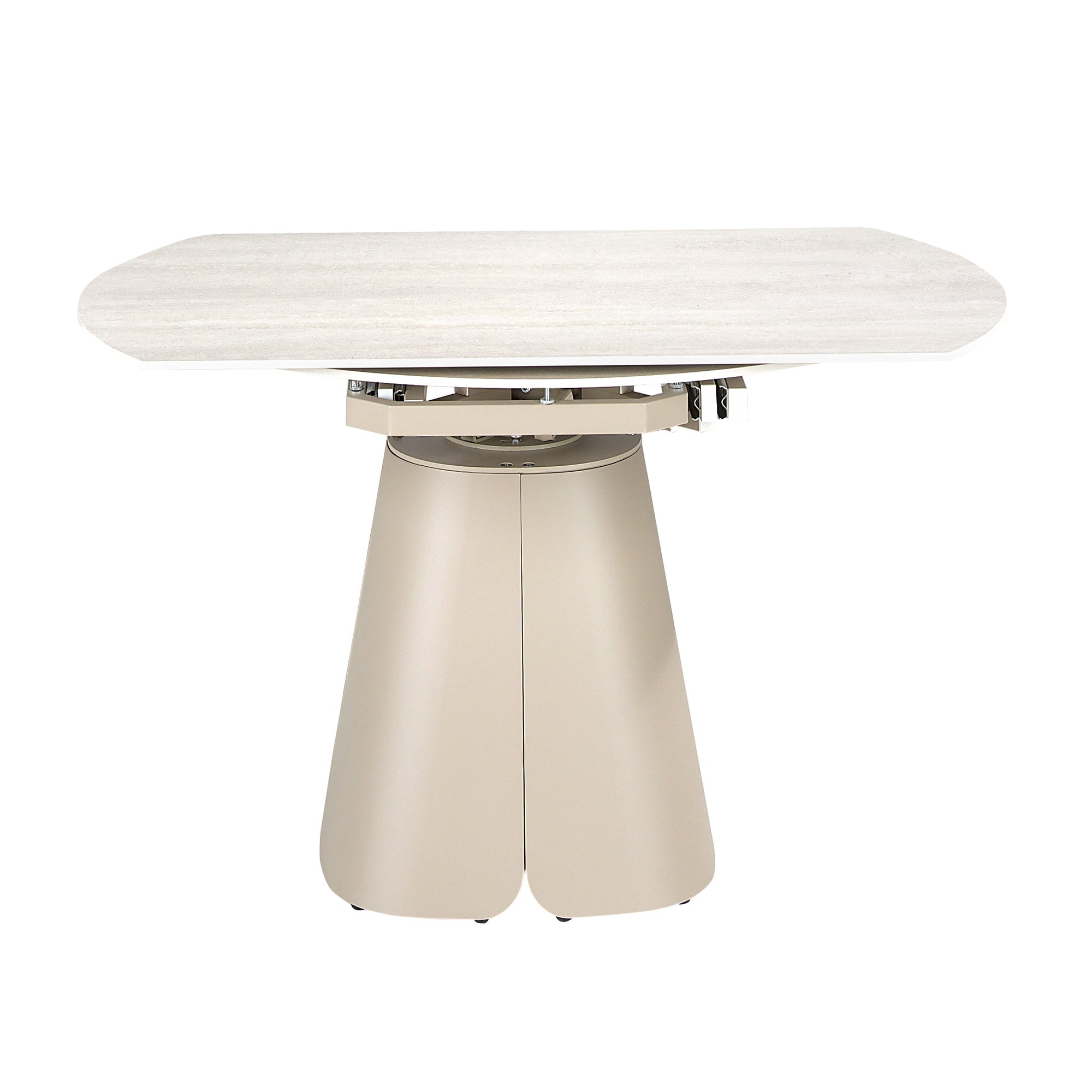 Extendable round dining table in porcelain marble and sand-coloured steel