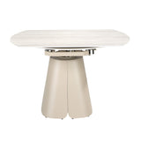 Extendable round dining table in porcelain marble and sand-coloured steel