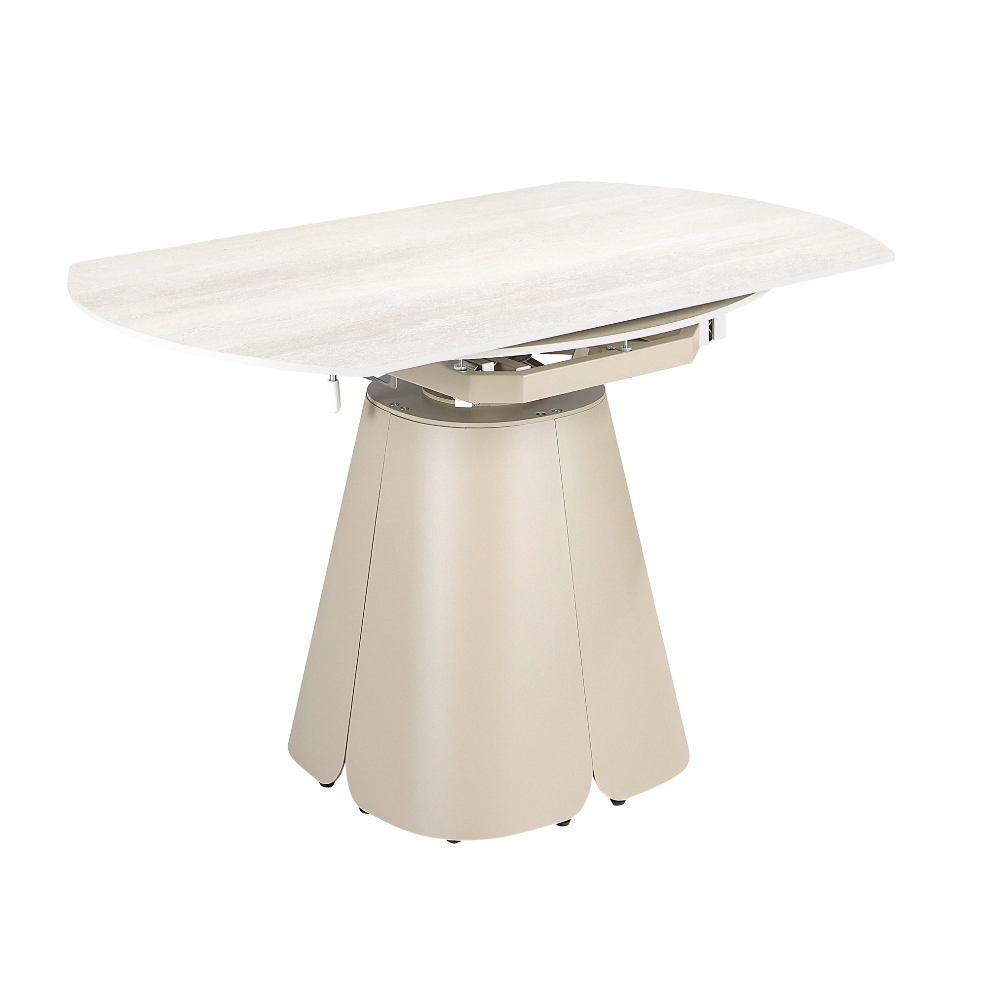 Extendable round dining table in porcelain marble and sand-coloured steel