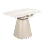 Extendable round dining table in porcelain marble and sand-coloured steel