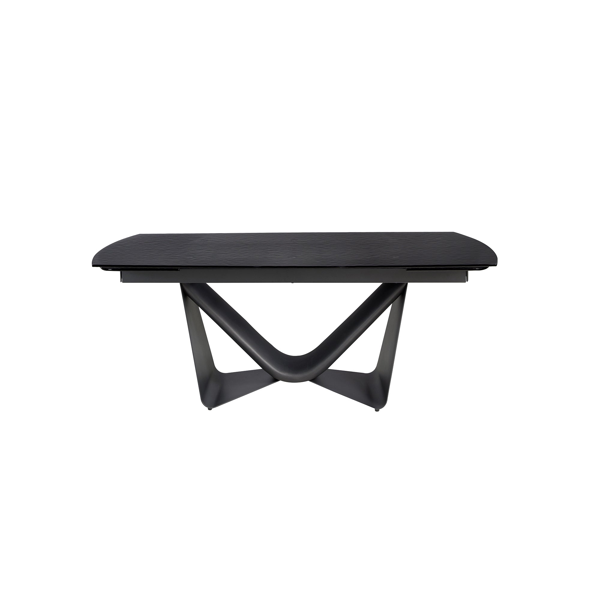 Extendable barrel oval dining table in black glass, steel, dark grey fiberglass and metal