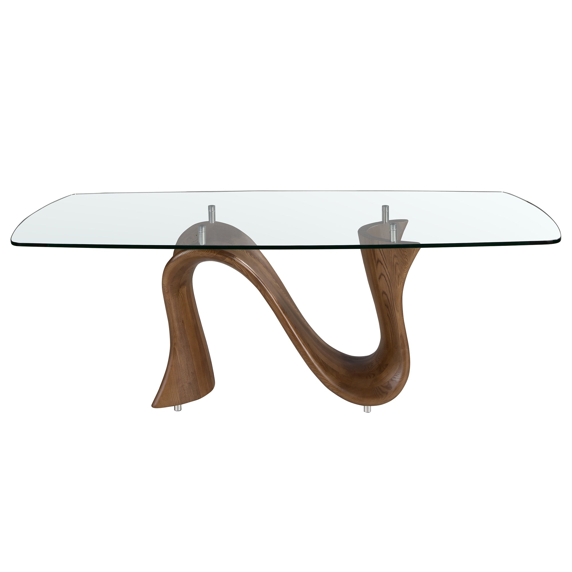 Barrel-shaped oval dining table in tempered glass and walnut