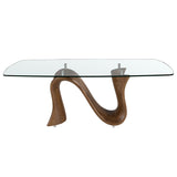 Barrel-shaped oval dining table in tempered glass and walnut