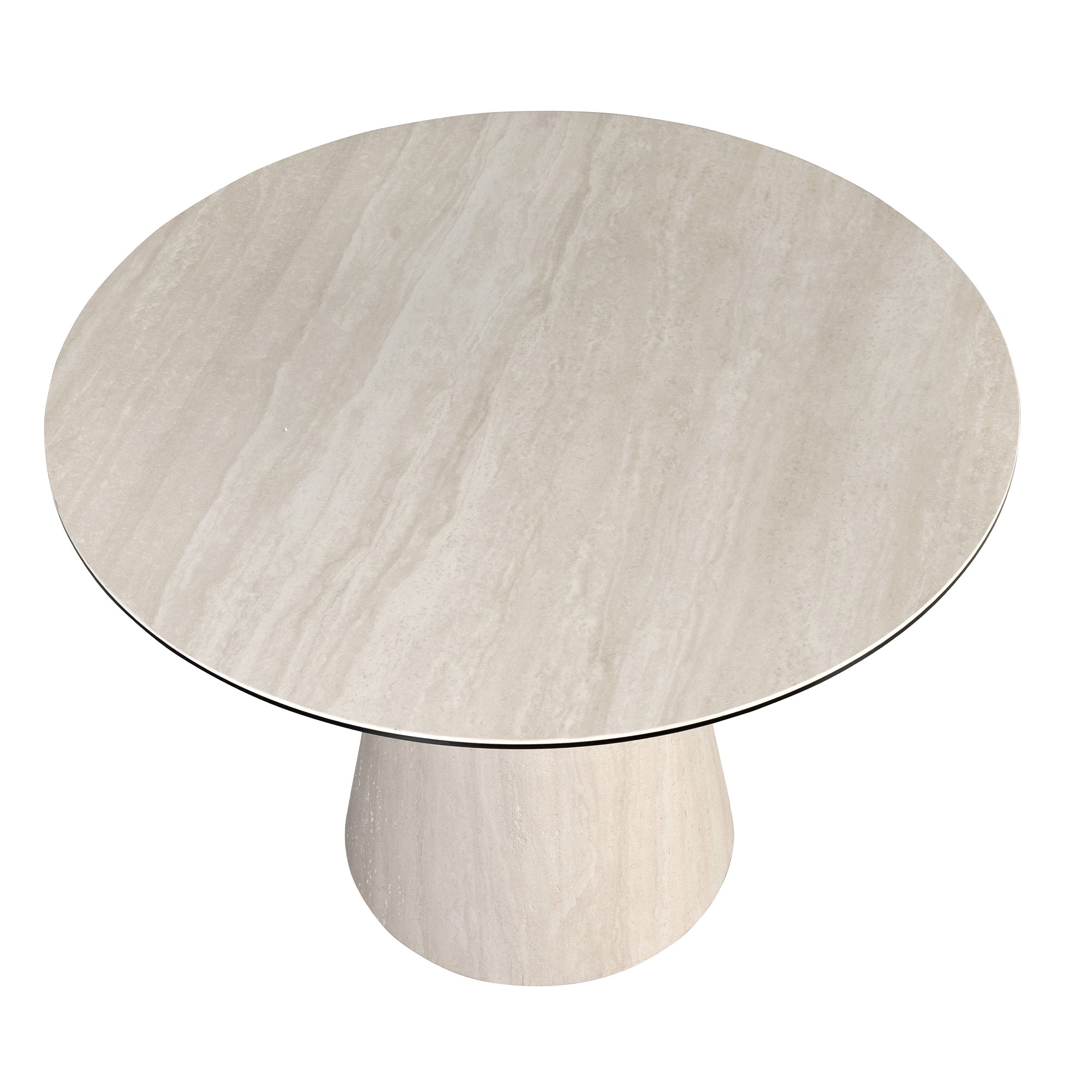 Round dining table in porcelain marble and wood covered with a flexible porcelain marble sheet