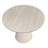 Round dining table in porcelain marble and wood covered with a flexible porcelain marble sheet