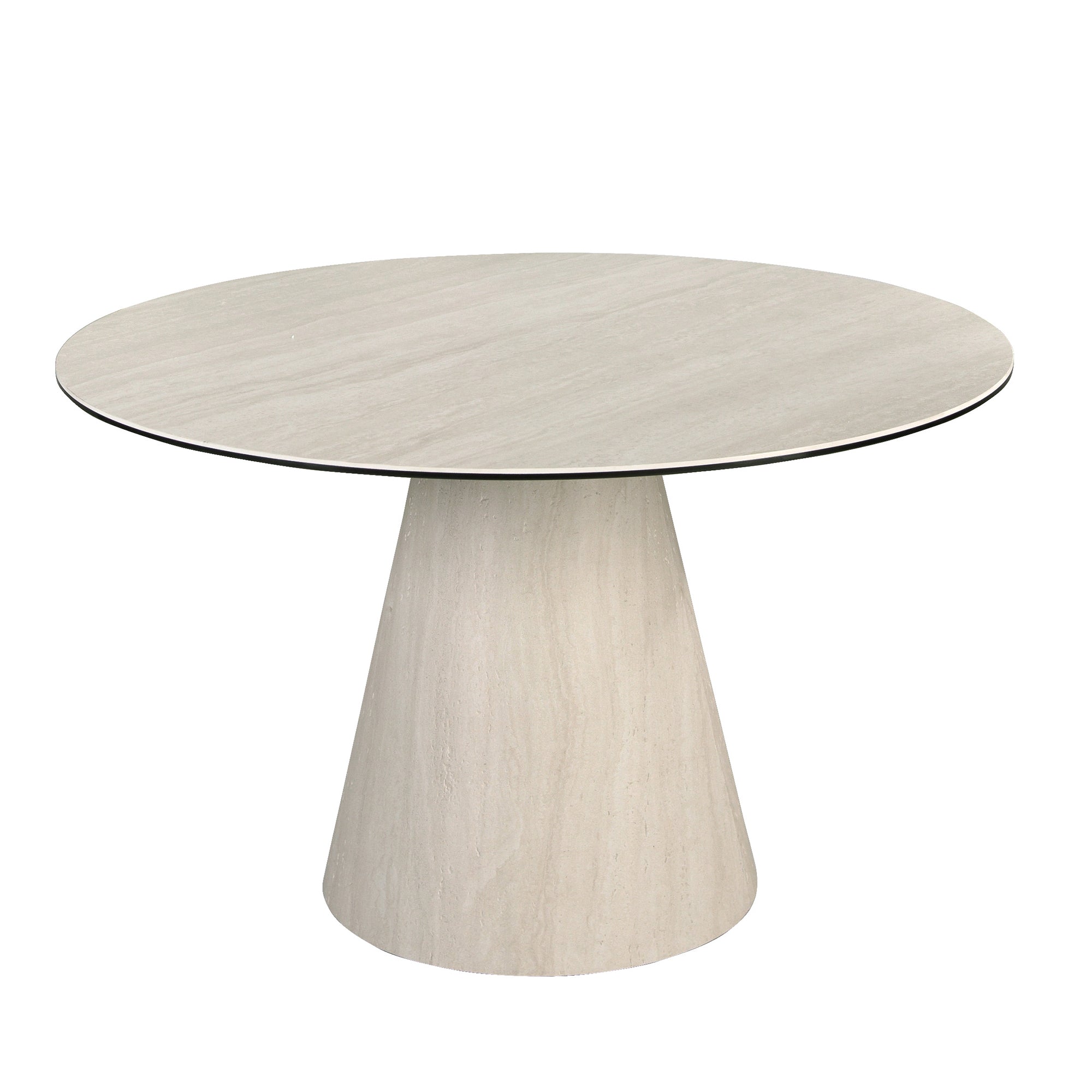 Round dining table in porcelain marble and wood covered with a flexible porcelain marble sheet