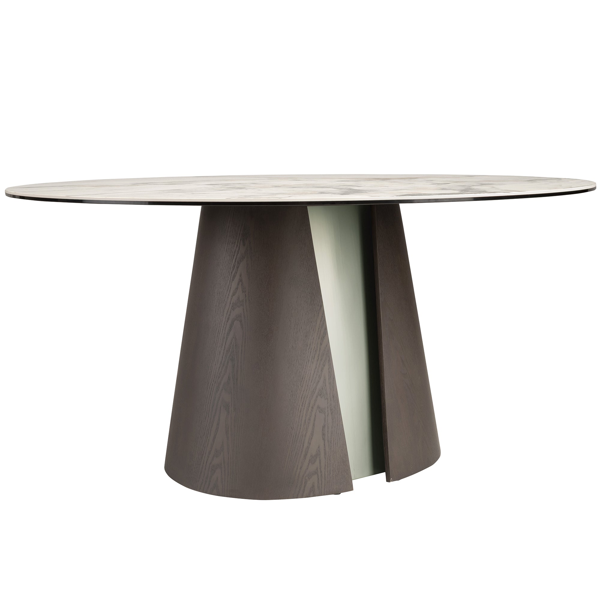 Round dining table in porcelain marble, dark ash oak and silver-coloured wood