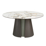 Round dining table in porcelain marble, dark ash oak and silver-coloured wood