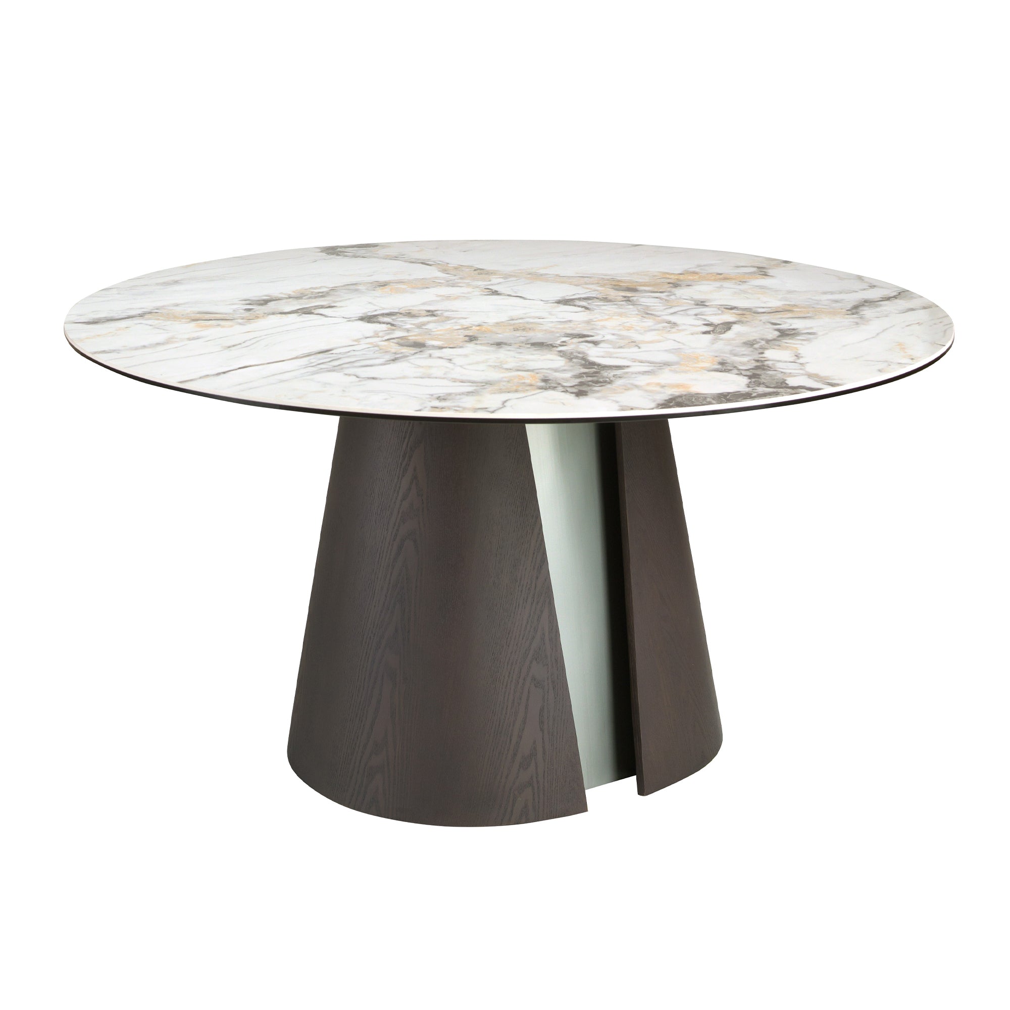 Round dining table in porcelain marble, dark ash oak and silver-coloured wood