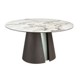 Round dining table in porcelain marble, dark ash oak and silver-coloured wood