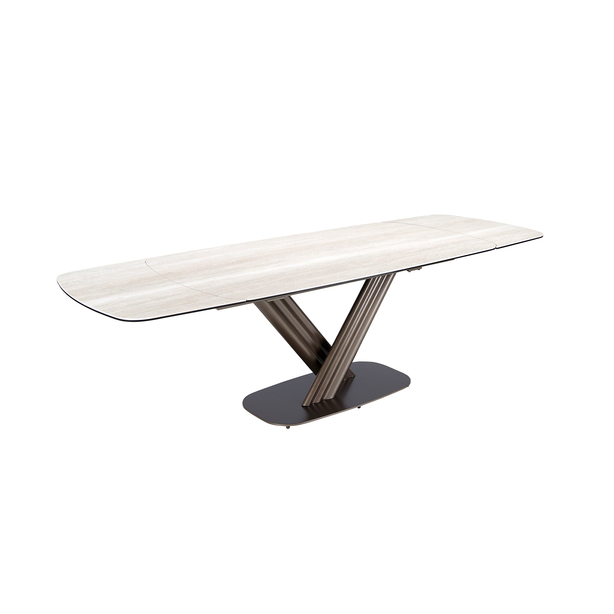 Extendable barrel oval dining table in porcelain marble and dark metallic brown steel