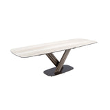Extendable barrel oval dining table in porcelain marble and dark metallic brown steel