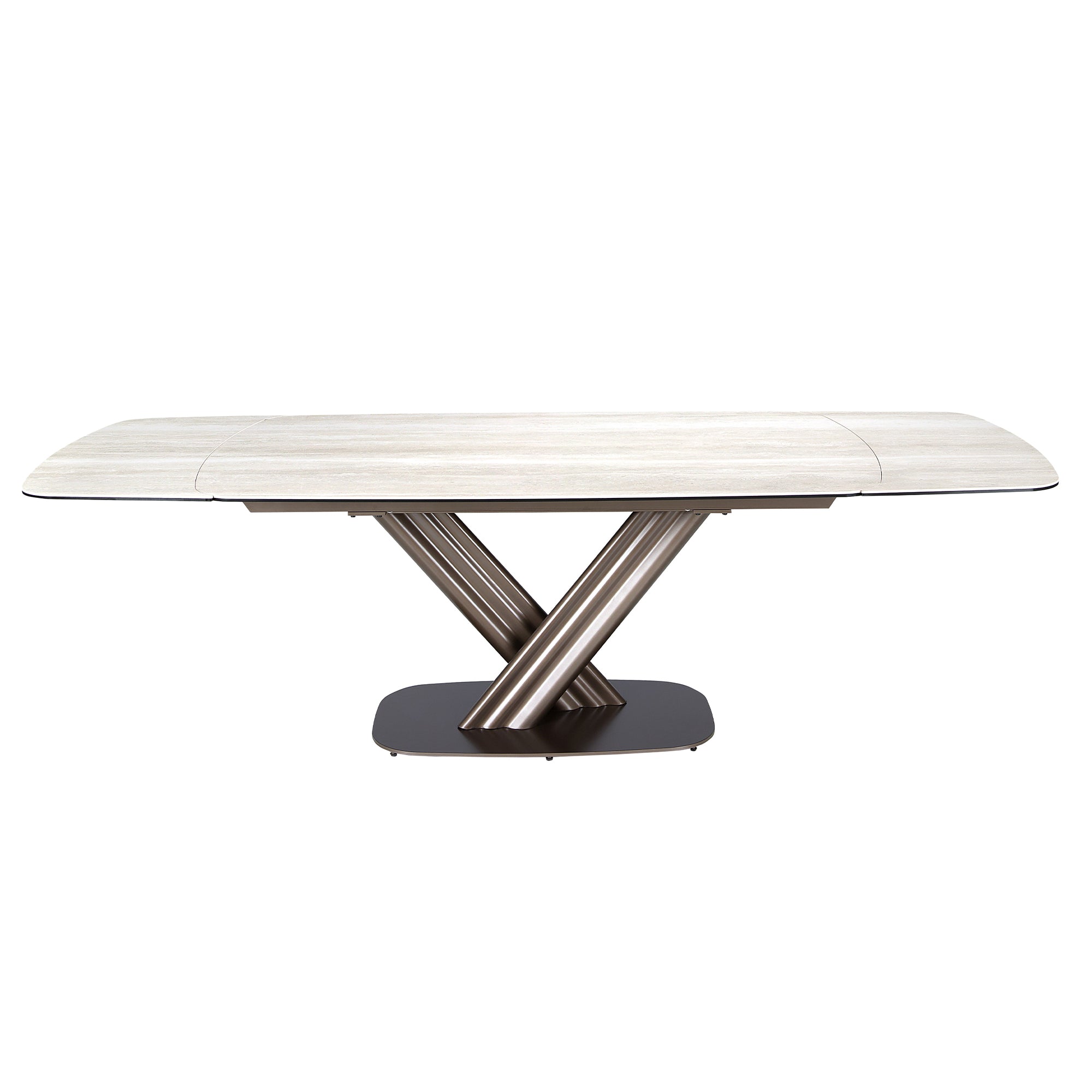 Extendable barrel oval dining table in porcelain marble and dark metallic brown steel