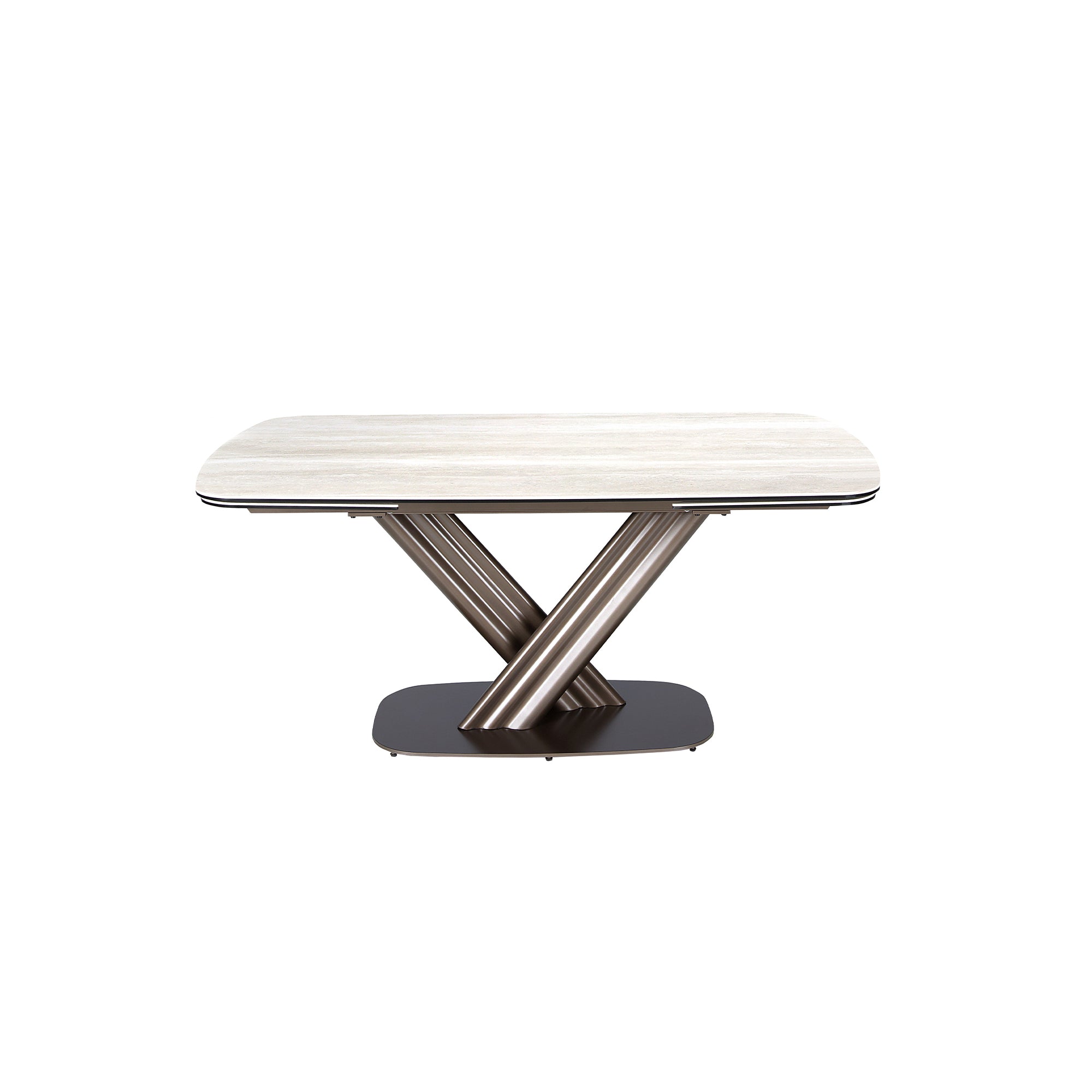 Extendable barrel oval dining table in porcelain marble and dark metallic brown steel