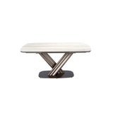 Extendable barrel oval dining table in porcelain marble and dark metallic brown steel