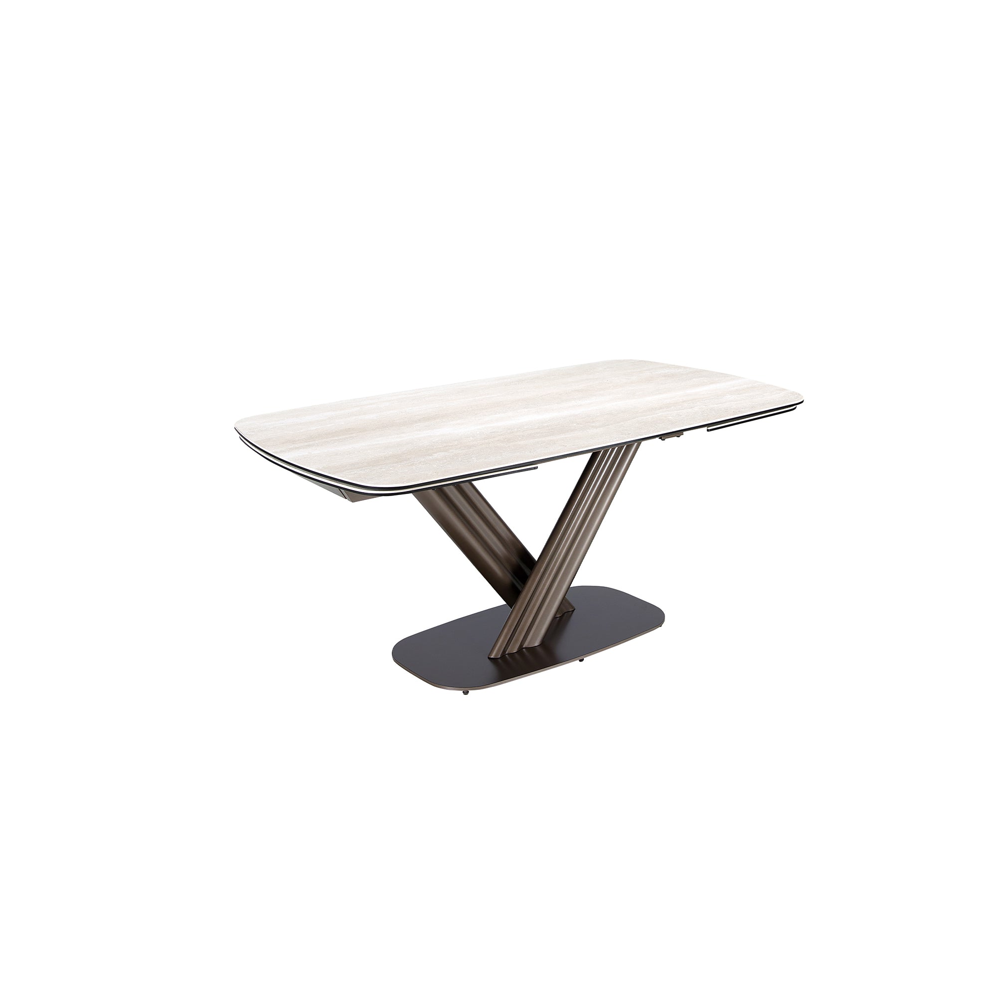 Extendable barrel oval dining table in porcelain marble and dark metallic brown steel