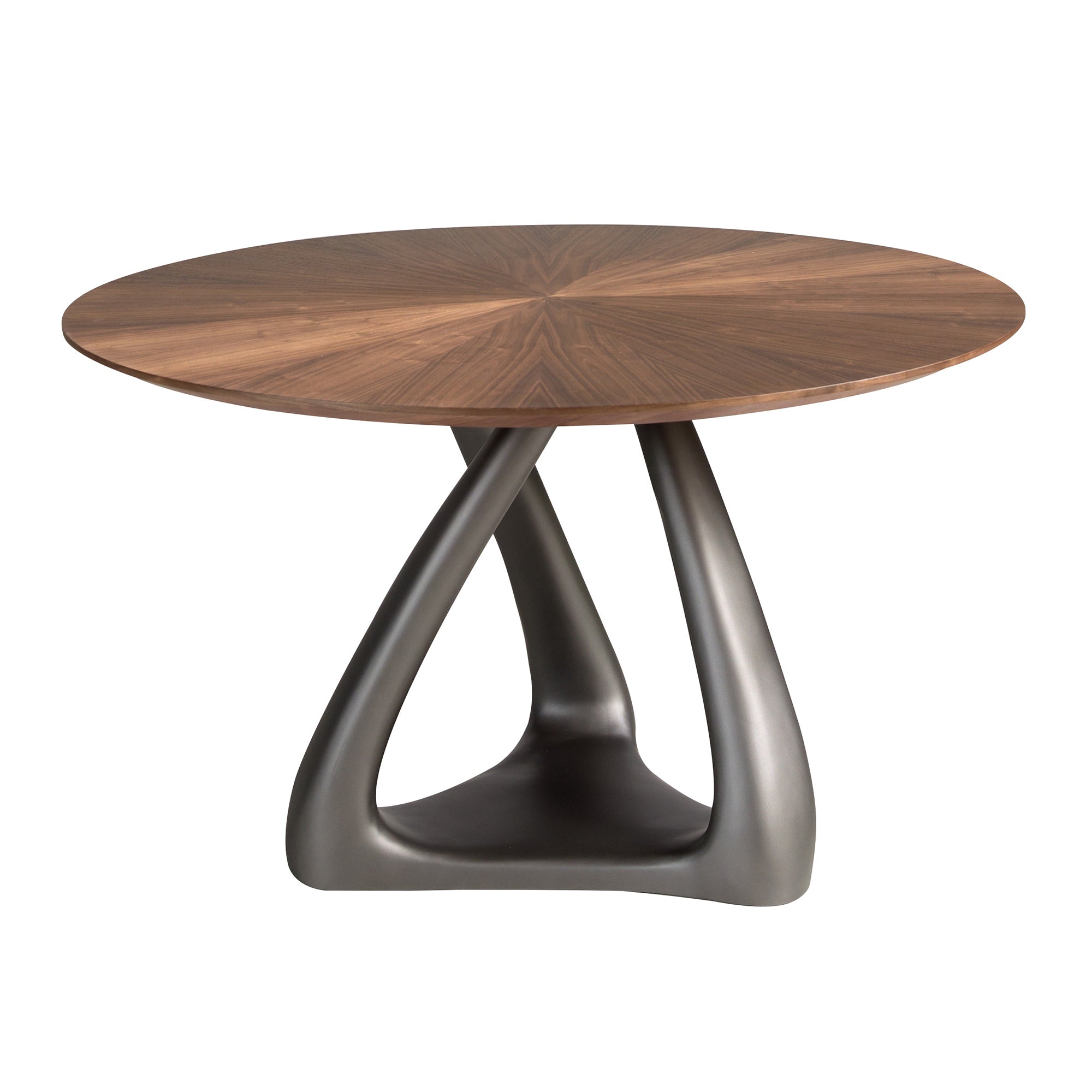 Round dining table in walnut, dark grey fiberglass and metal