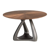 Round dining table in walnut, dark grey fiberglass and metal