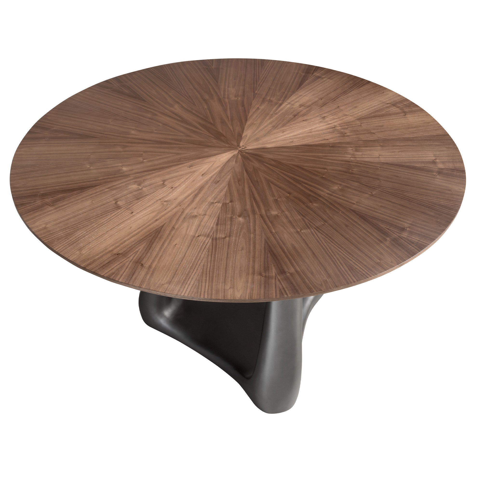 Round dining table in walnut, dark grey fiberglass and metal