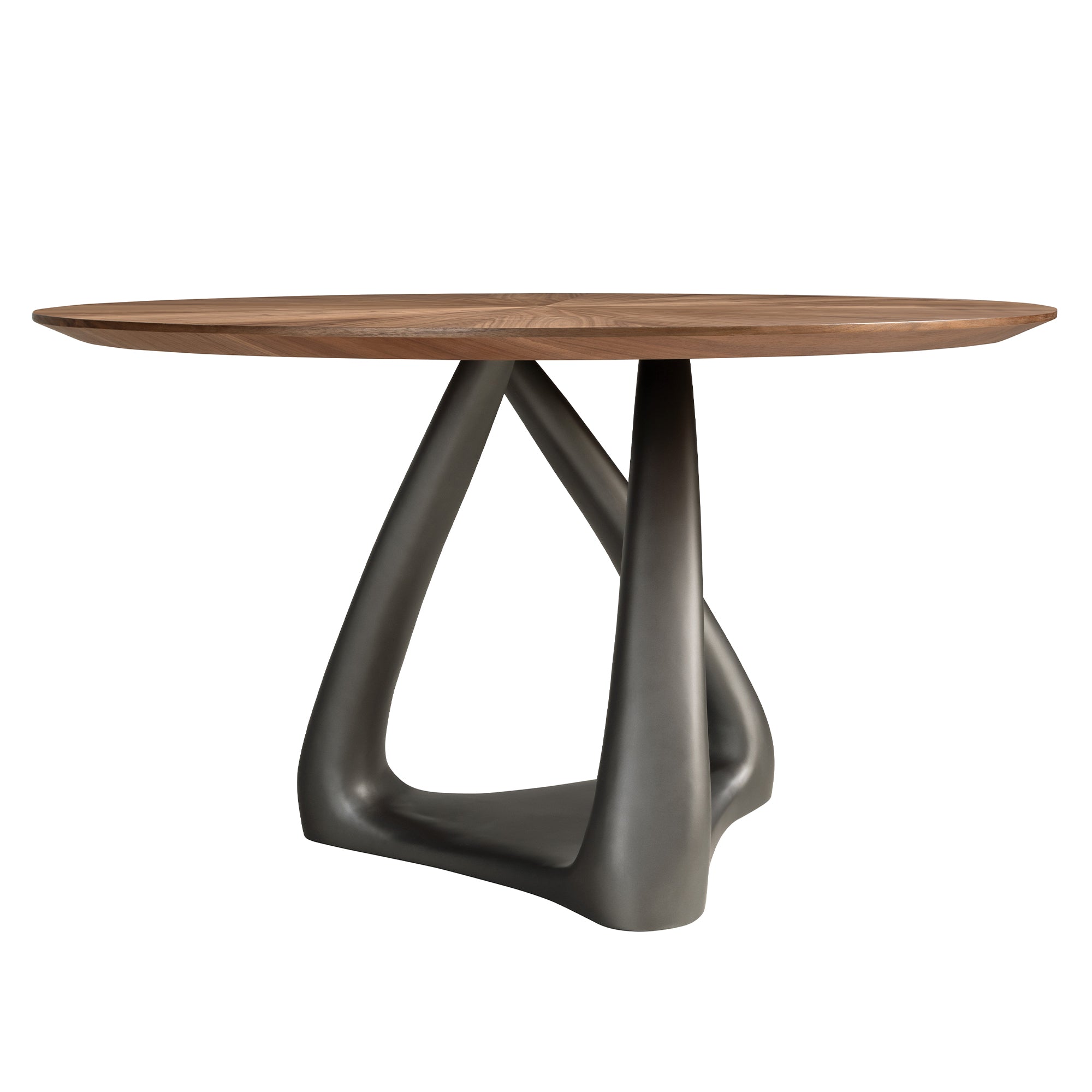 Round dining table in walnut, dark grey fiberglass and metal