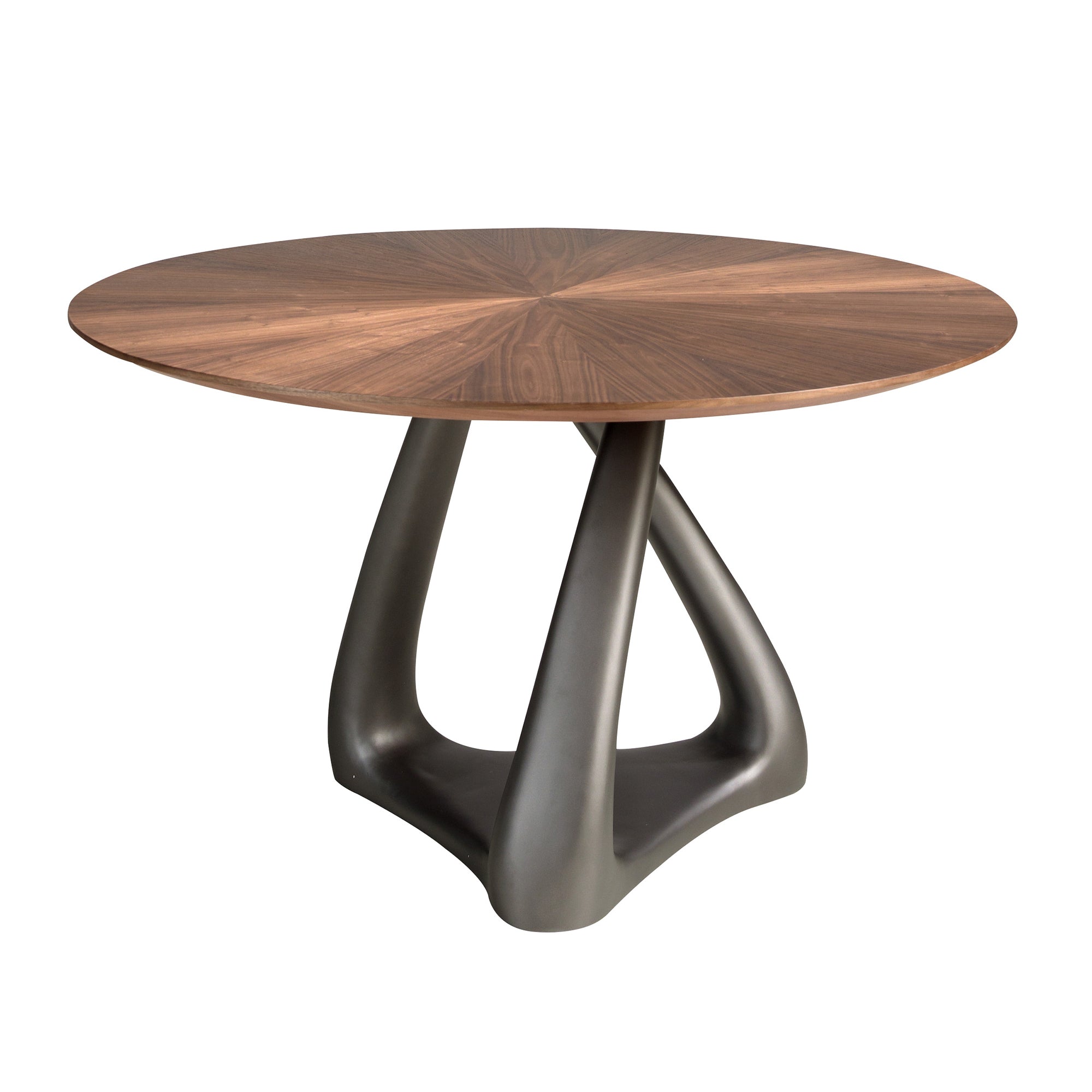 Round dining table in walnut, dark grey fiberglass and metal