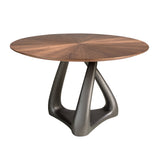 Round dining table in walnut, dark grey fiberglass and metal