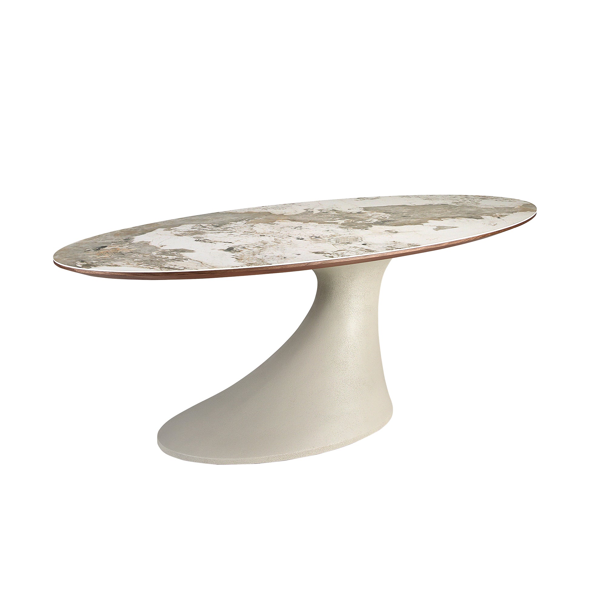 Oval dining table in porcelain marble and sand-coloured epoxy fiberglass